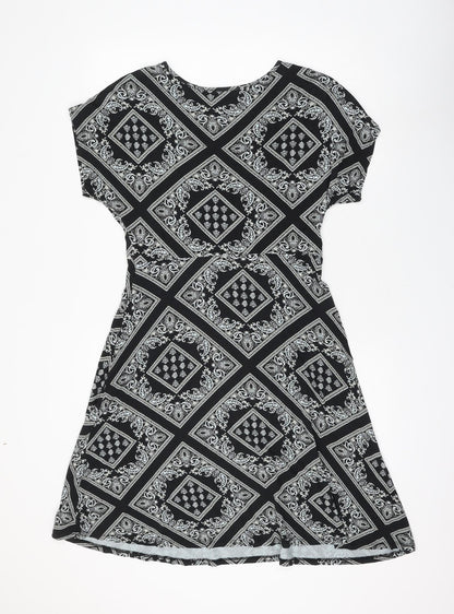 Debenhams Womens Black Geometric Viscose A-Line Size 12 V-Neck Pullover