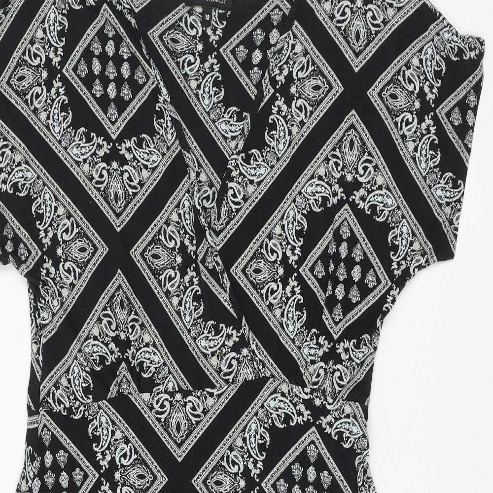 Debenhams Womens Black Geometric Viscose A-Line Size 12 V-Neck Pullover