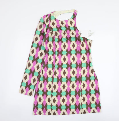 Zara Womens Multicoloured Geometric Polyester A-Line Size M One Shoulder Zip