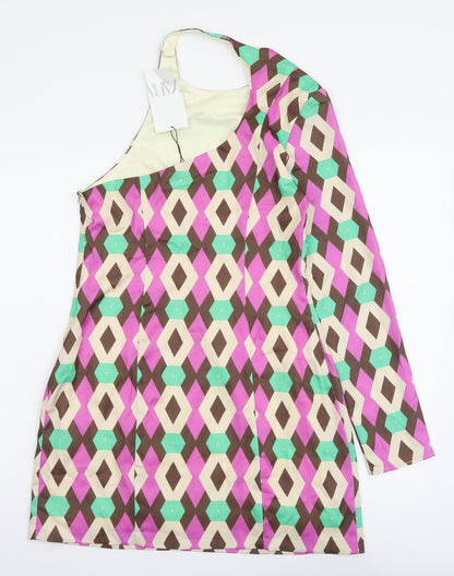 Zara Womens Multicoloured Geometric Polyester A-Line Size M One Shoulder Zip