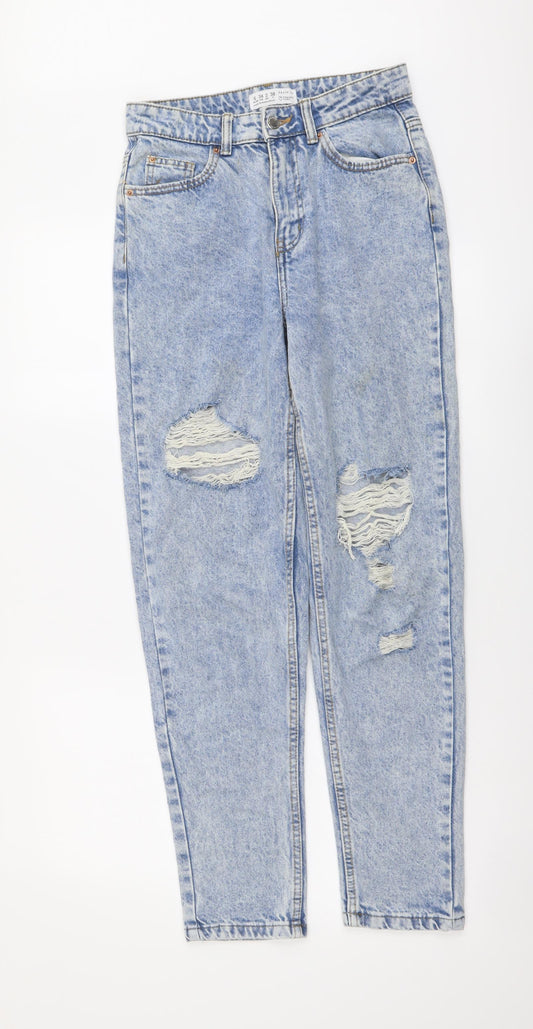 Denim & Co. Womens Blue Cotton Mom Jeans Size 6 L29 in Regular Button - Distressed Look