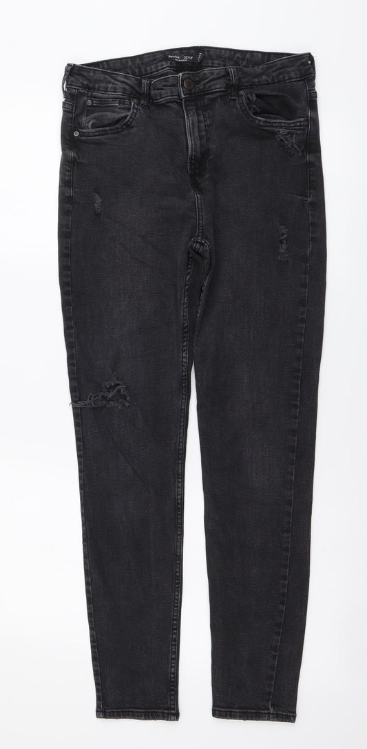Bershka Womens Grey Cotton Skinny Jeans Size L L28 in Regular Button