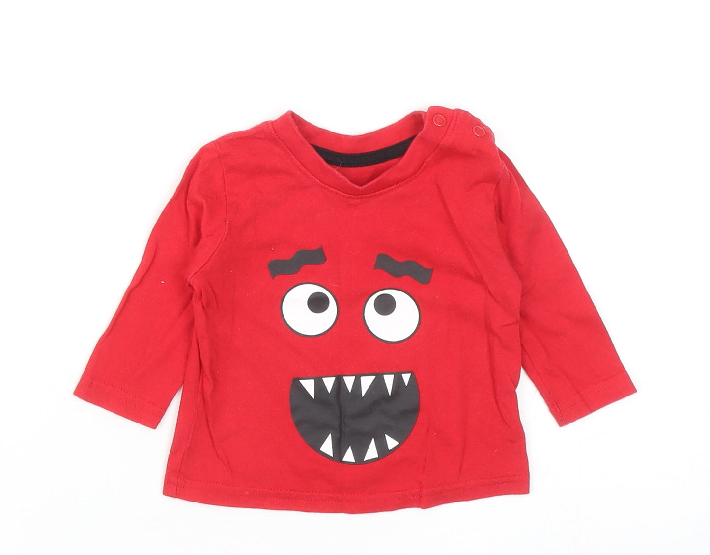 Primark Baby Red Cotton Basic T-Shirt Size 0-3 Months Round Neck Snap - Monster Face