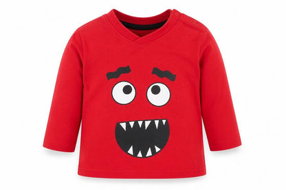 Primark Baby Red Cotton Basic T-Shirt Size 0-3 Months Round Neck Snap - Monster Face
