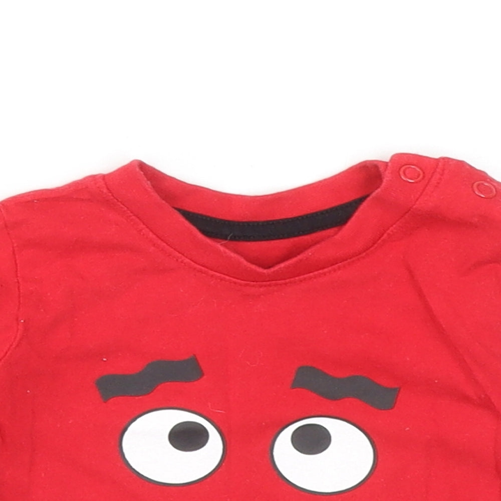 Primark Baby Red Cotton Basic T-Shirt Size 0-3 Months Round Neck Snap - Monster Face