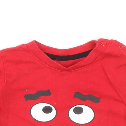 Primark Baby Red Cotton Basic T-Shirt Size 0-3 Months Round Neck Snap - Monster Face