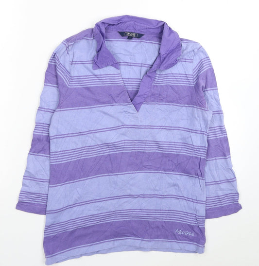 Maine Womens Purple Striped Cotton Jersey T-Shirt Size 12 V-Neck