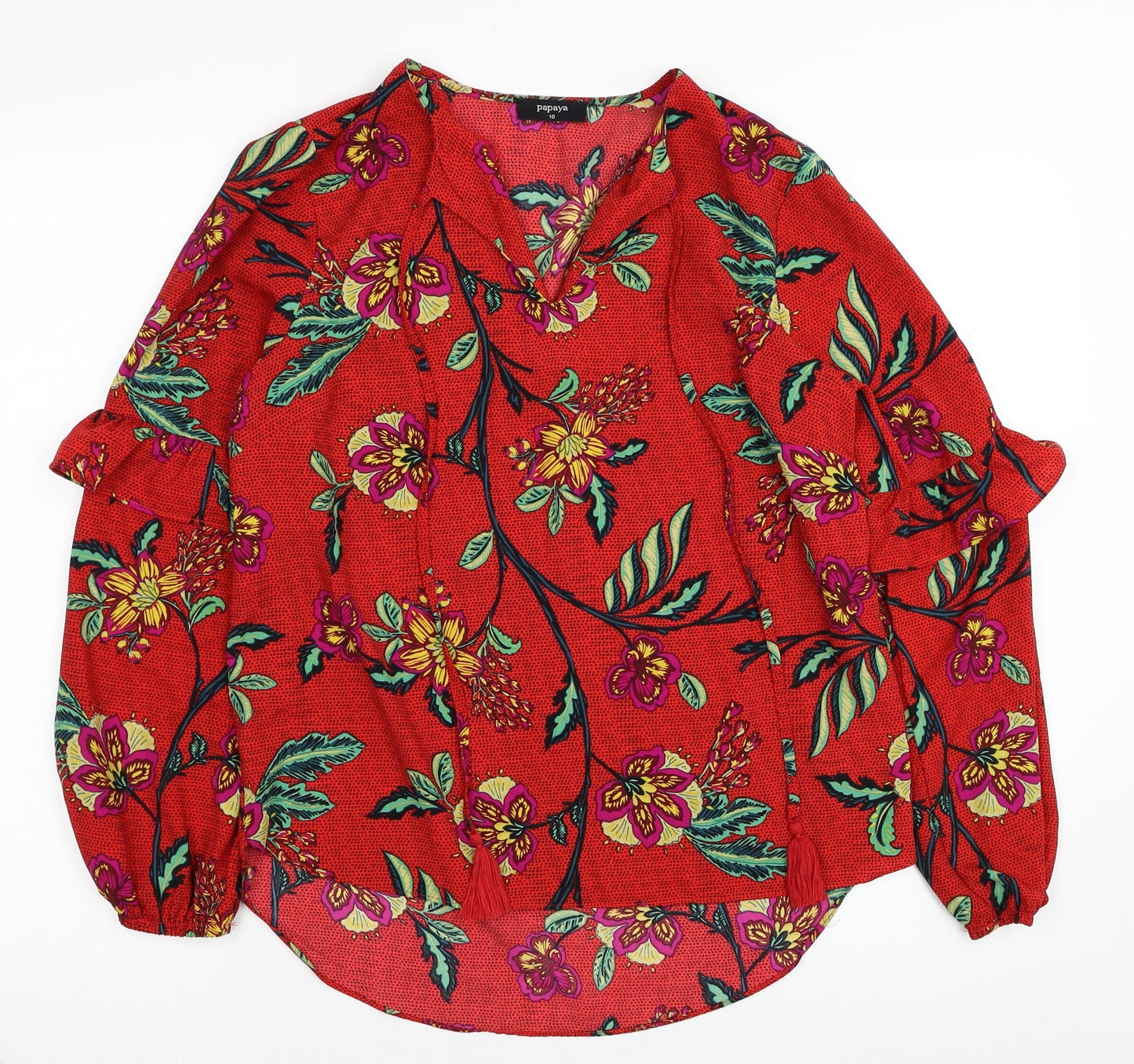 Papaya Womens Red Floral Polyester Basic Blouse Size 10 V-Neck