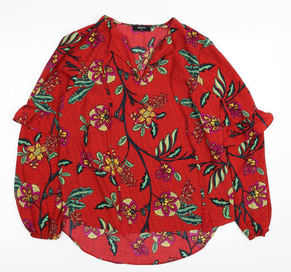 Papaya Womens Red Floral Polyester Basic Blouse Size 10 V-Neck