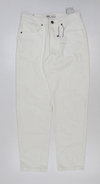 Zara Womens White Cotton Mom Jeans Size 8 L28 in Regular Button