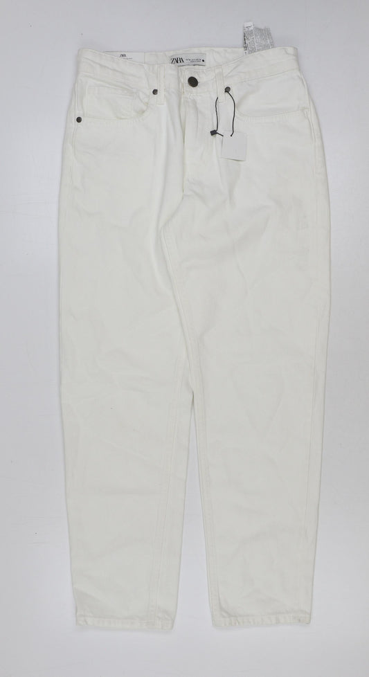 Zara Womens White Cotton Mom Jeans Size 8 L28 in Regular Button