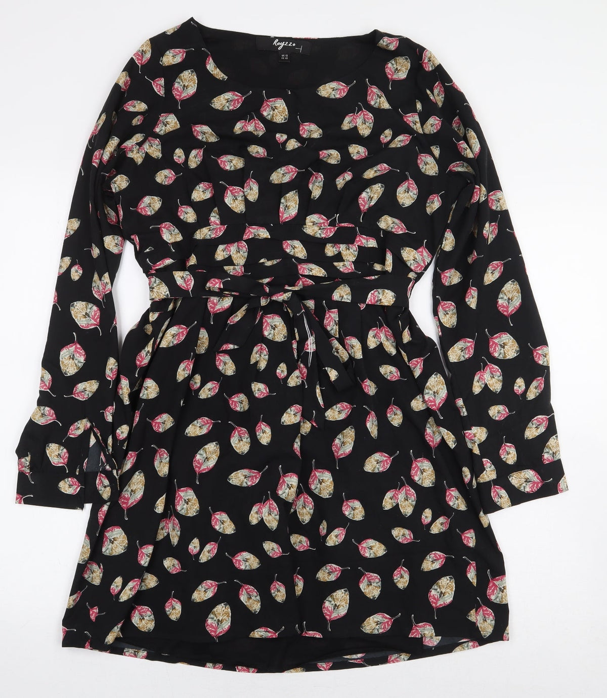 Rayzzo Womens Black Floral Polyester A-Line Size 12 Boat Neck Pullover - Leaf Print