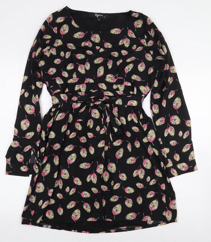 Rayzzo Womens Black Floral Polyester A-Line Size 12 Boat Neck Pullover - Leaf Print