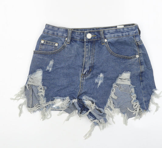 Boohoo Womens Blue 100% Cotton Cut-Off Shorts Size 8 L10 in Regular Zip - Distressed