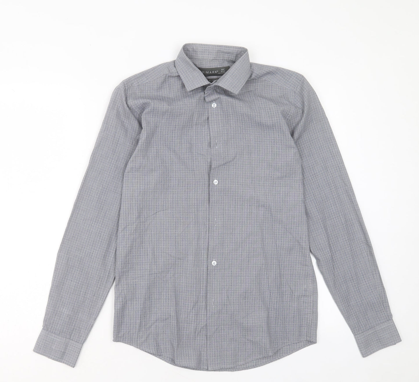 Primark Mens Grey Plaid Cotton Button-Up Size 14.5 Collared Button