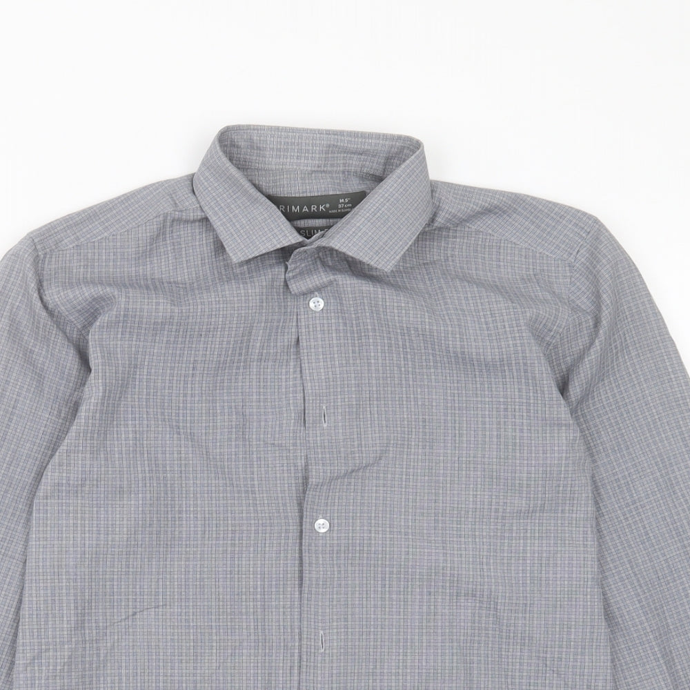 Primark Mens Grey Plaid Cotton Button-Up Size 14.5 Collared Button
