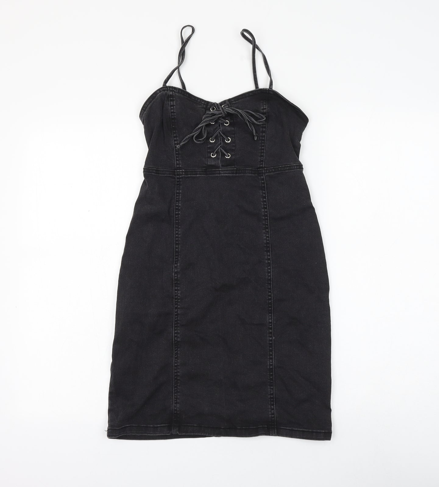 Primark Womens Black Cotton Pencil Dress Size 6 Sweetheart Lace Up