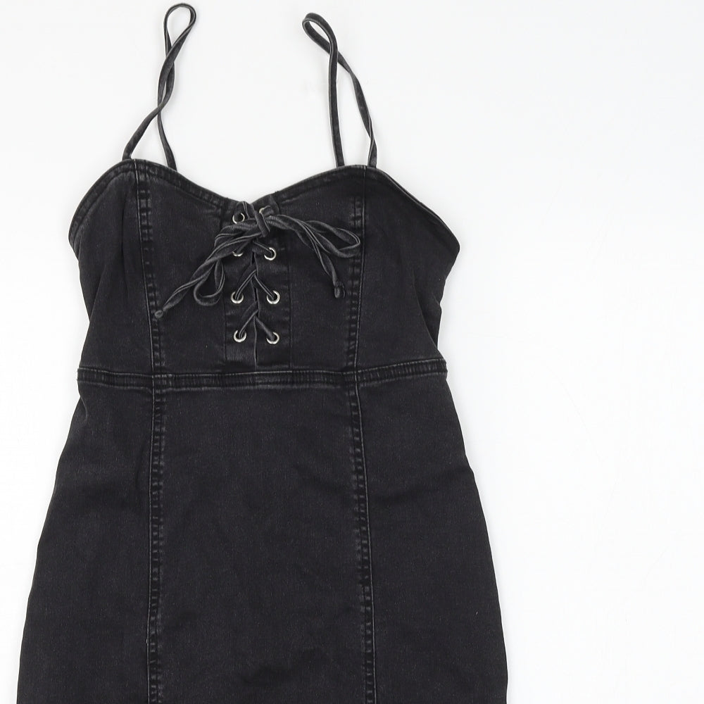 Primark Womens Black Cotton Pencil Dress Size 6 Sweetheart Lace Up