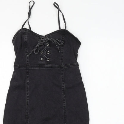 Primark Womens Black Cotton Pencil Dress Size 6 Sweetheart Lace Up