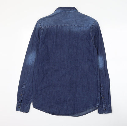 Mens UK Size S Cedar Wood State Blue  Button-Up Long Sleeve Casual Shirt