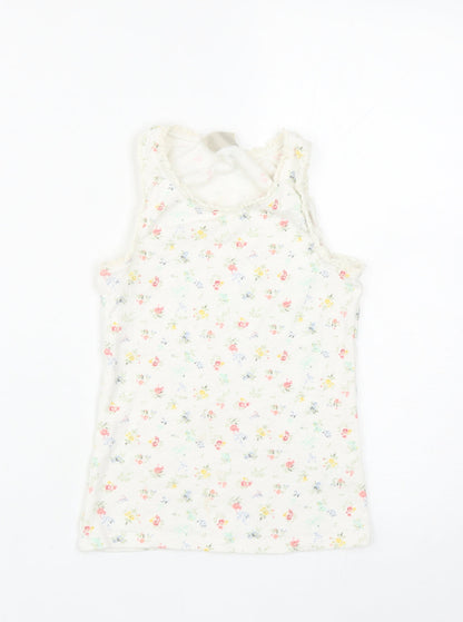 NEXT Girls White Floral Cotton Basic Tank Size 8 Years Round Neck Pullover