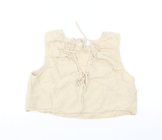 Primark Womens Beige Cotton Cropped T-Shirt Size 10 Boat Neck