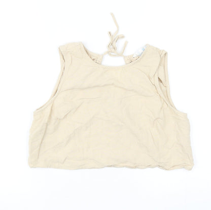 Primark Womens Beige Cotton Cropped T-Shirt Size 10 Boat Neck