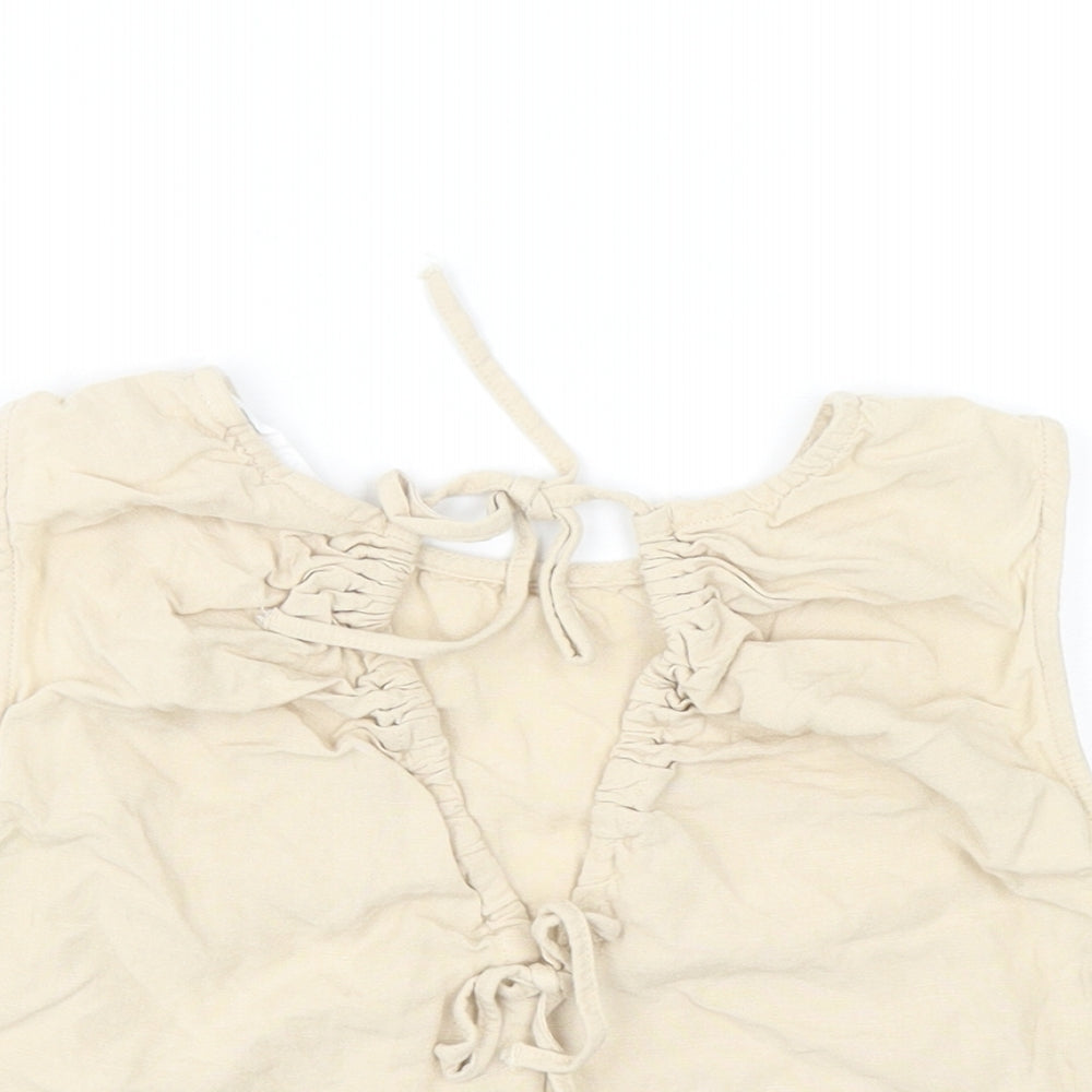 Primark Womens Beige Cotton Cropped T-Shirt Size 10 Boat Neck