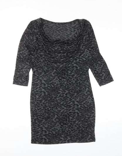 Warehouse Womens Grey Animal Print Polyester Mini Size 6 Cowl Neck Pullover - Leopard Print