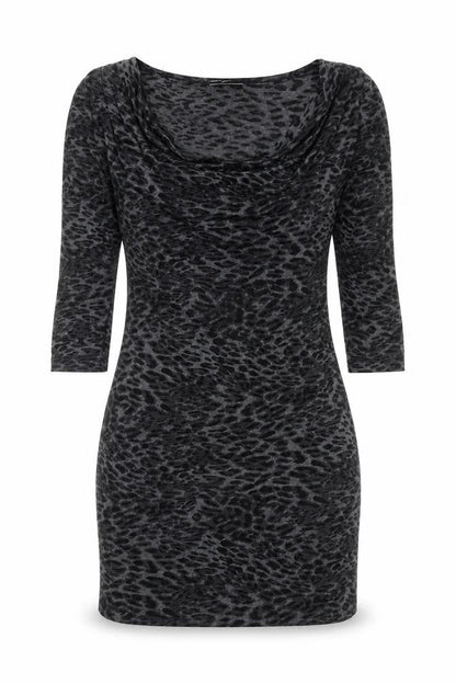 Warehouse Womens Grey Animal Print Polyester Mini Size 6 Cowl Neck Pullover - Leopard Print