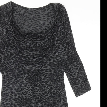 Warehouse Womens Grey Animal Print Polyester Mini Size 6 Cowl Neck Pullover - Leopard Print