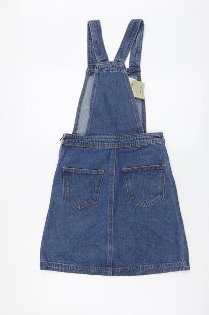 Denim & Co. Womens Blue Cotton Pinafore/Dungaree Dress Size 4 Square Neck Zip