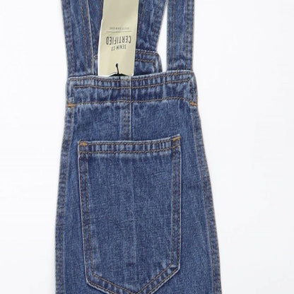 Denim & Co. Womens Blue Cotton Pinafore/Dungaree Dress Size 4 Square Neck Zip