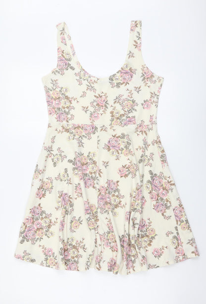 Shana Womens Beige Floral Cotton A-Line Size M Round Neck Pullover