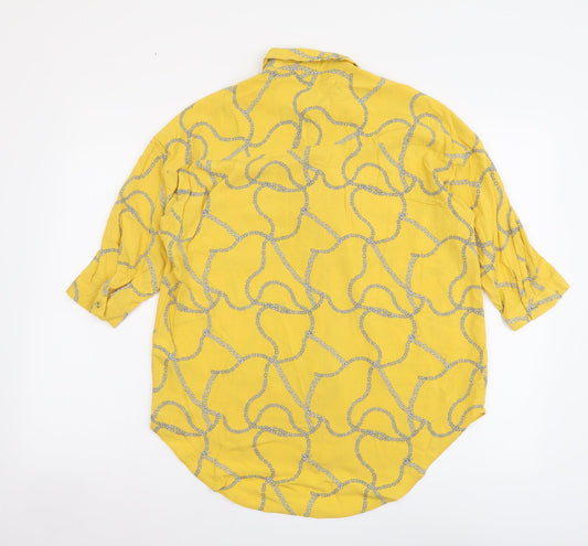 F&F Womens Yellow Geometric Viscose Basic Button-Up Size 6 Collared