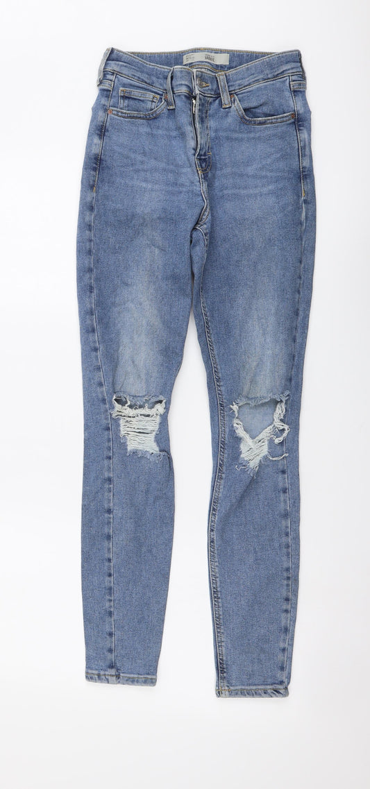 Topshop Womens Blue Cotton Skinny Jeans Size 26 in L32 in Regular Button - Distressed Look