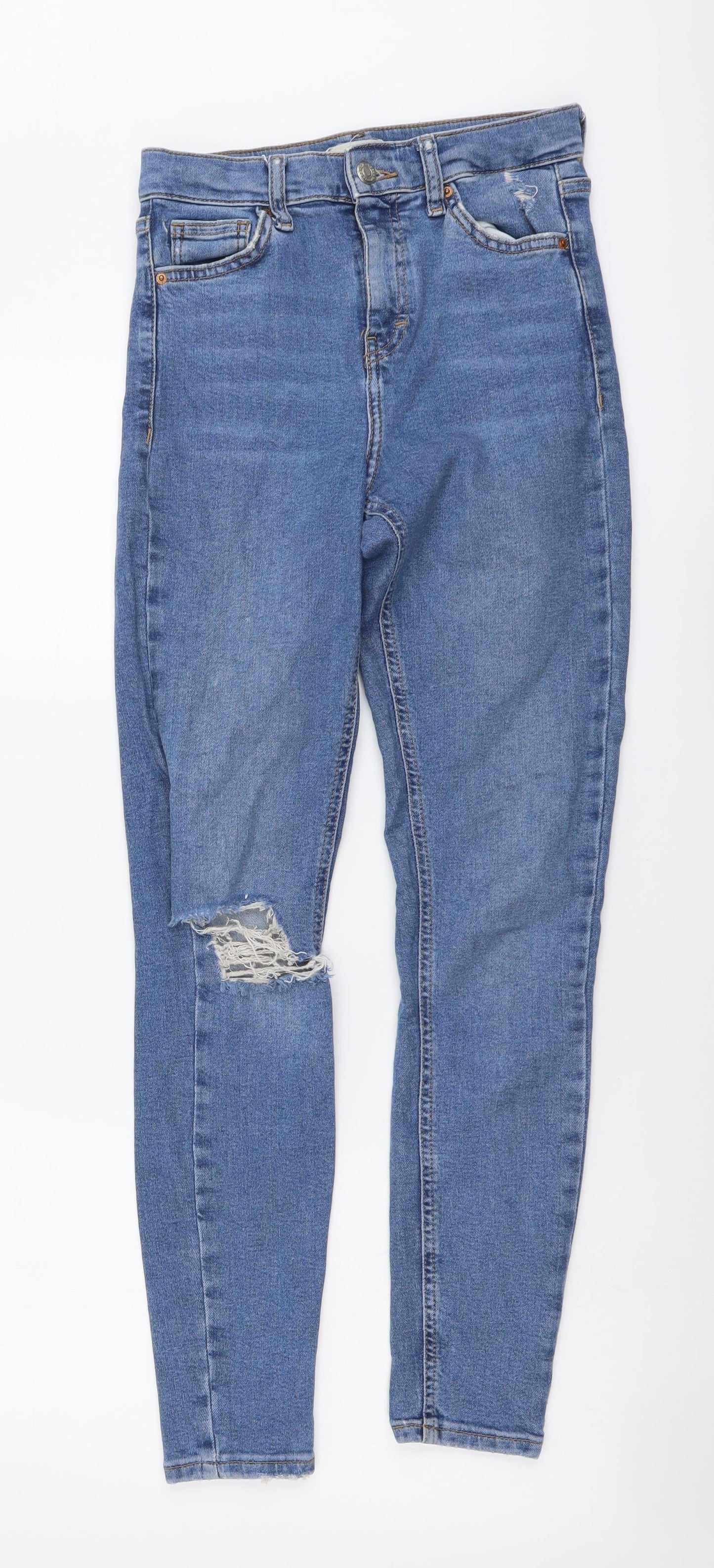 Topshop Womens Blue Cotton Skinny Jeans Size 26 in L32 in Regular Button - Distressed Look