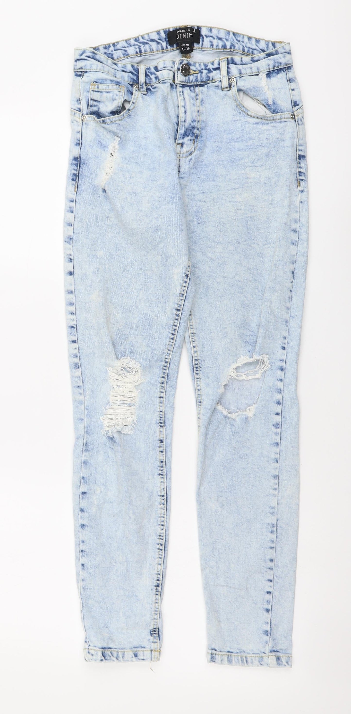 Select Womens Blue Cotton Mom Jeans Size 10 L26 in Regular Button - Distressed Look