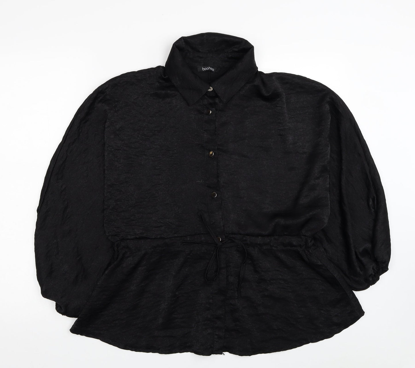 Boohoo Womens Black Polyester Basic Button-Up Size 14 Collared