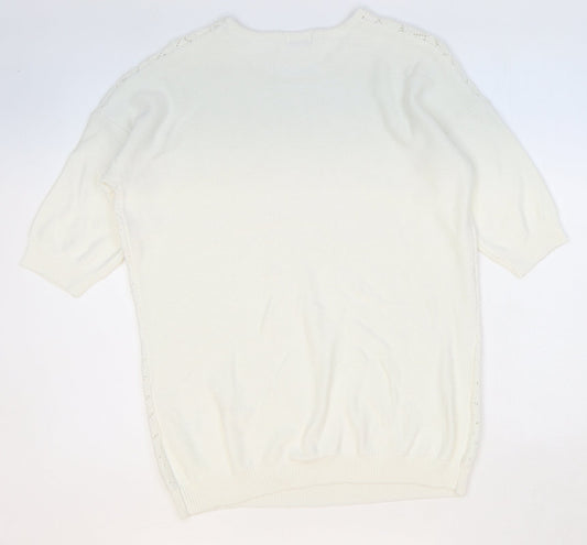 Damart Womens White Round Neck Geometric Acrylic Pullover Jumper Size 10