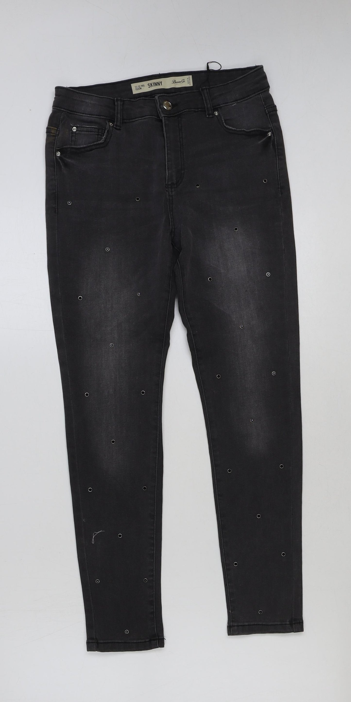 Denim & Co. Girls Grey Cotton Skinny Jeans Size 11-12 Years Regular Button
