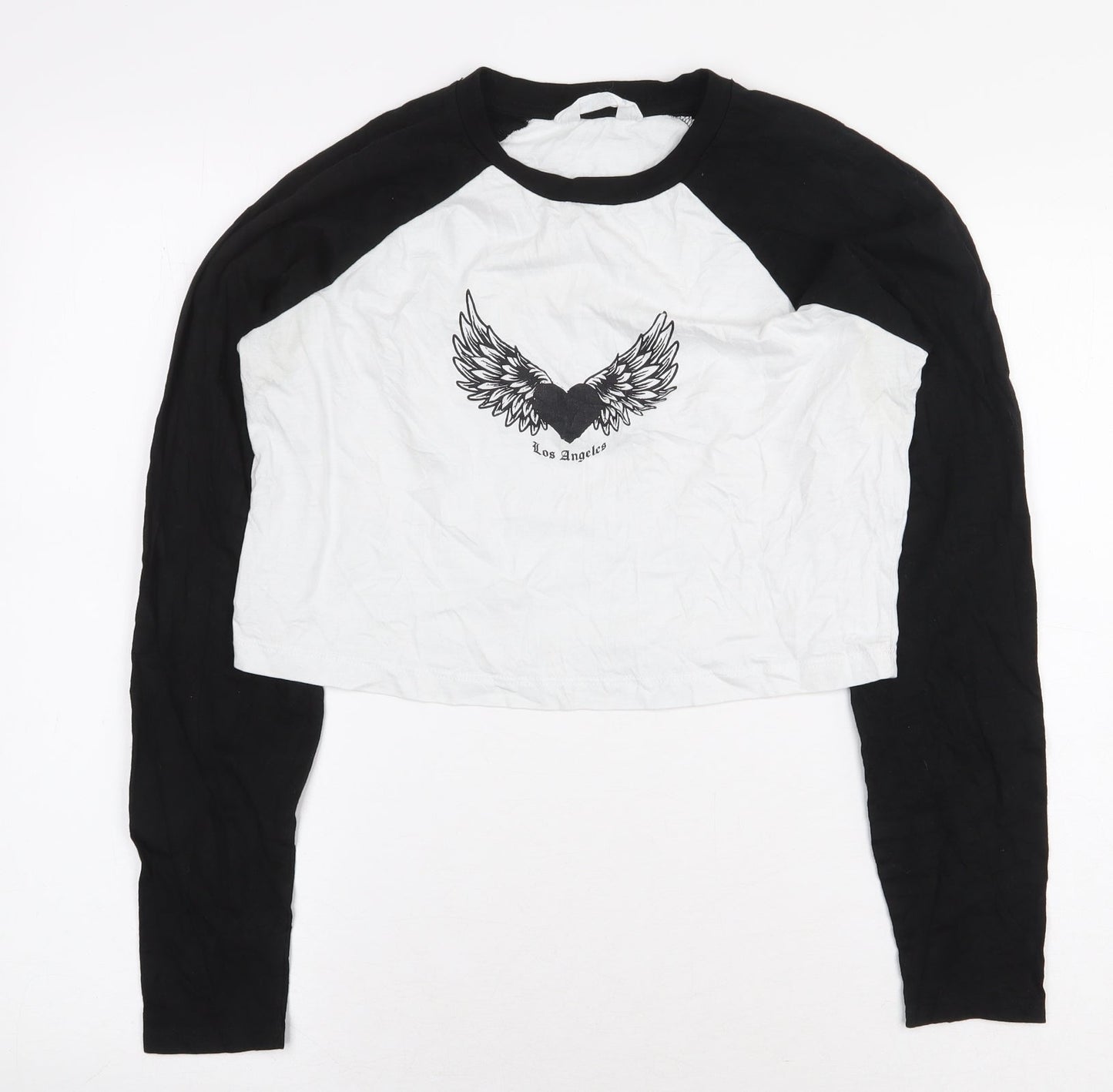 Primark Womens White Colourblock 100% Cotton Cropped T-Shirt Size S Round Neck - Los Angeles