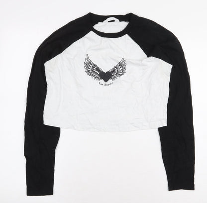 Primark Womens White Colourblock 100% Cotton Cropped T-Shirt Size S Round Neck - Los Angeles