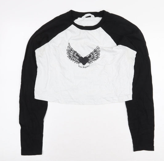 Primark Womens White Colourblock 100% Cotton Cropped T-Shirt Size S Round Neck - Los Angeles