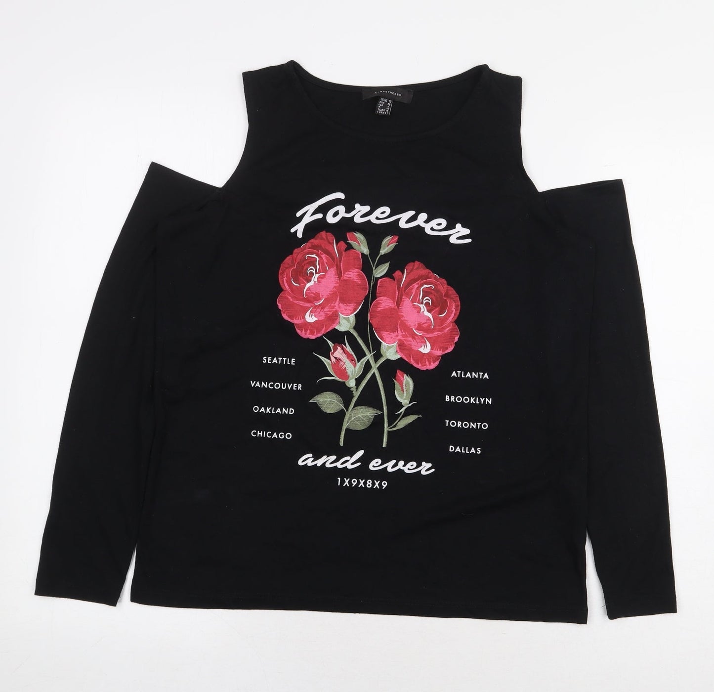 Atmosphere Womens Black Polyester Basic T-Shirt Size 10 Round Neck - Cold Shoulder