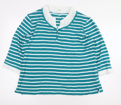 Damart Womens Green Striped Cotton Basic Blouse Size L V-Neck