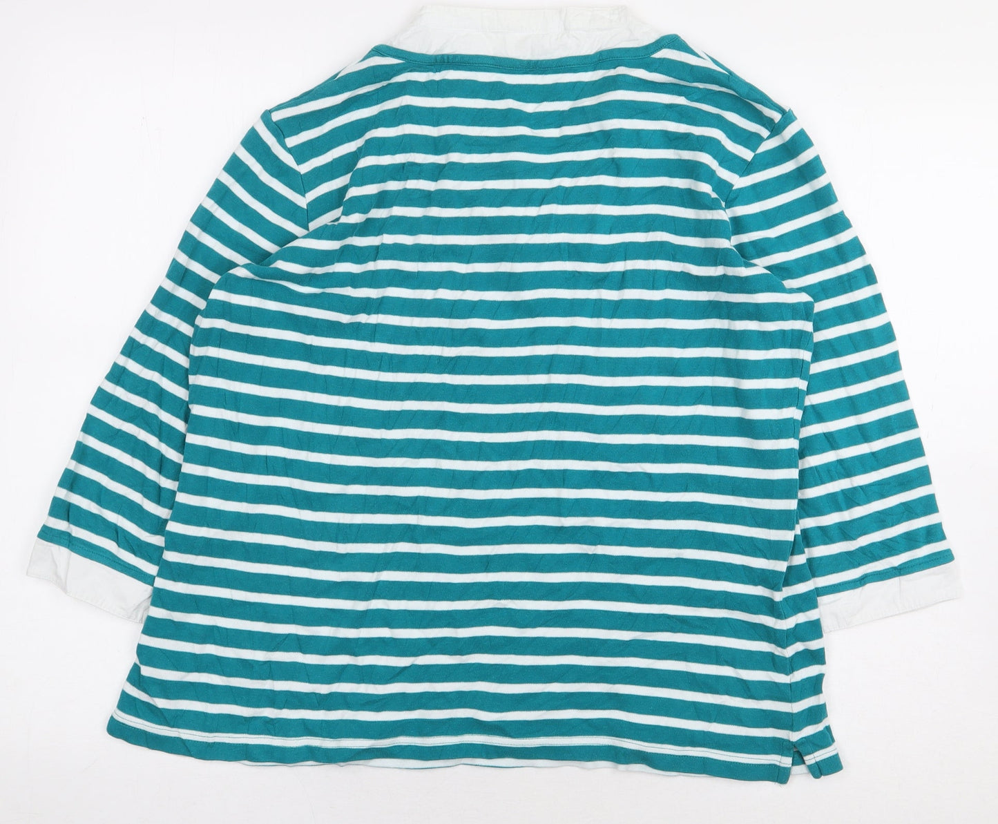 Damart Womens Green Striped Cotton Basic Blouse Size L V-Neck