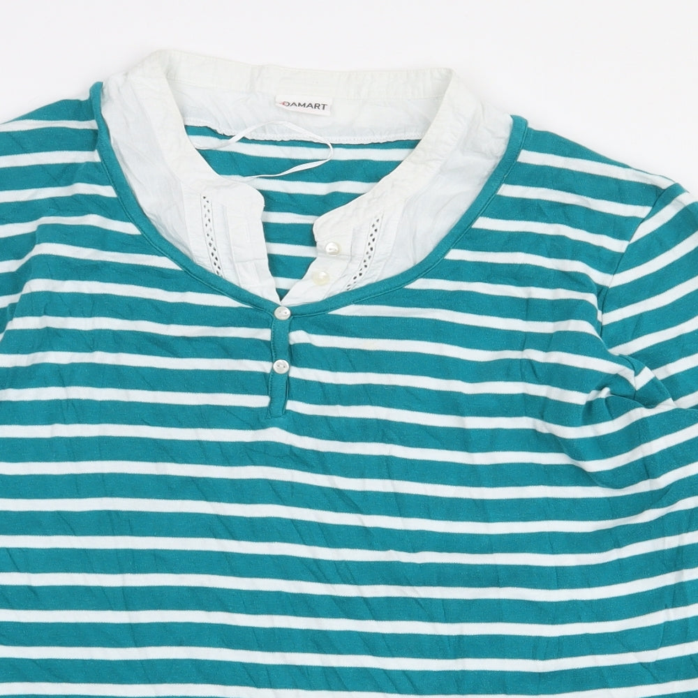 Damart Womens Green Striped Cotton Basic Blouse Size L V-Neck