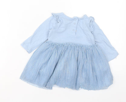Vertbaudet Girls Blue Cotton A-Line Size 12 Months Crew Neck Button