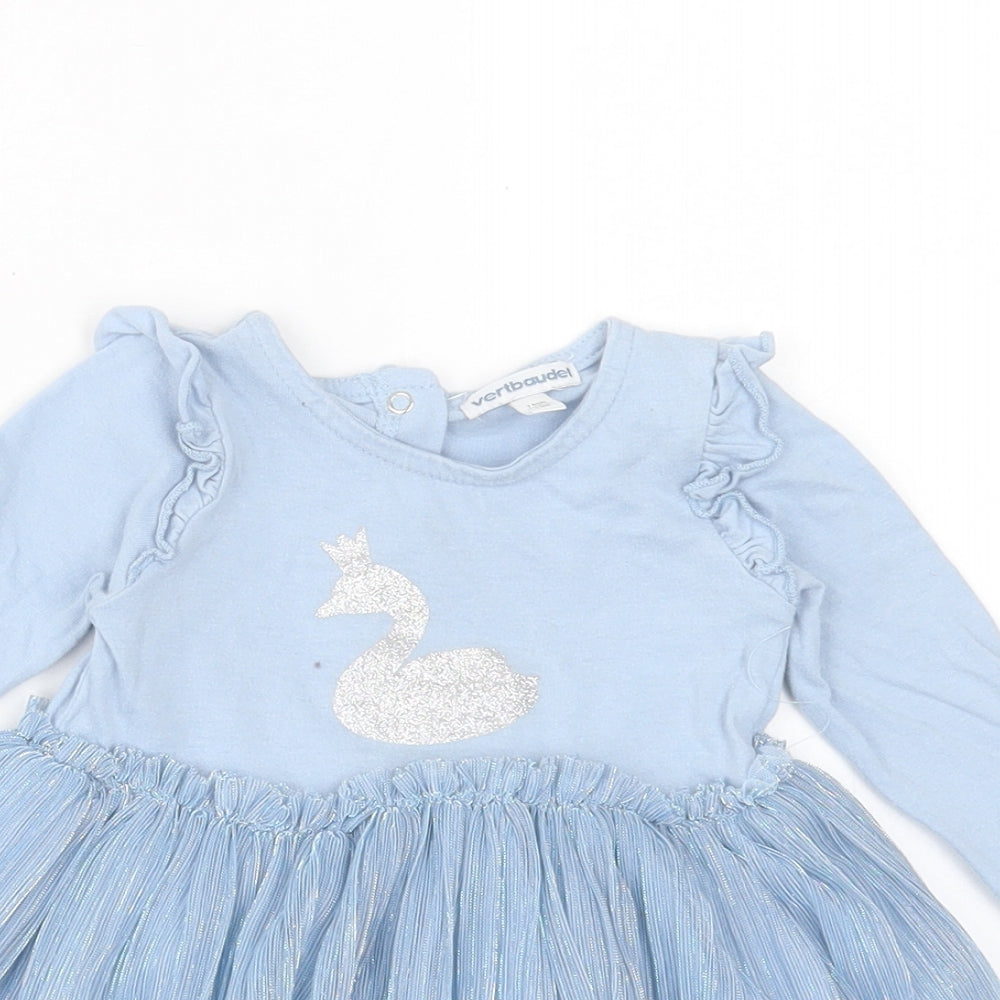 Vertbaudet Girls Blue Cotton A-Line Size 12 Months Crew Neck Button